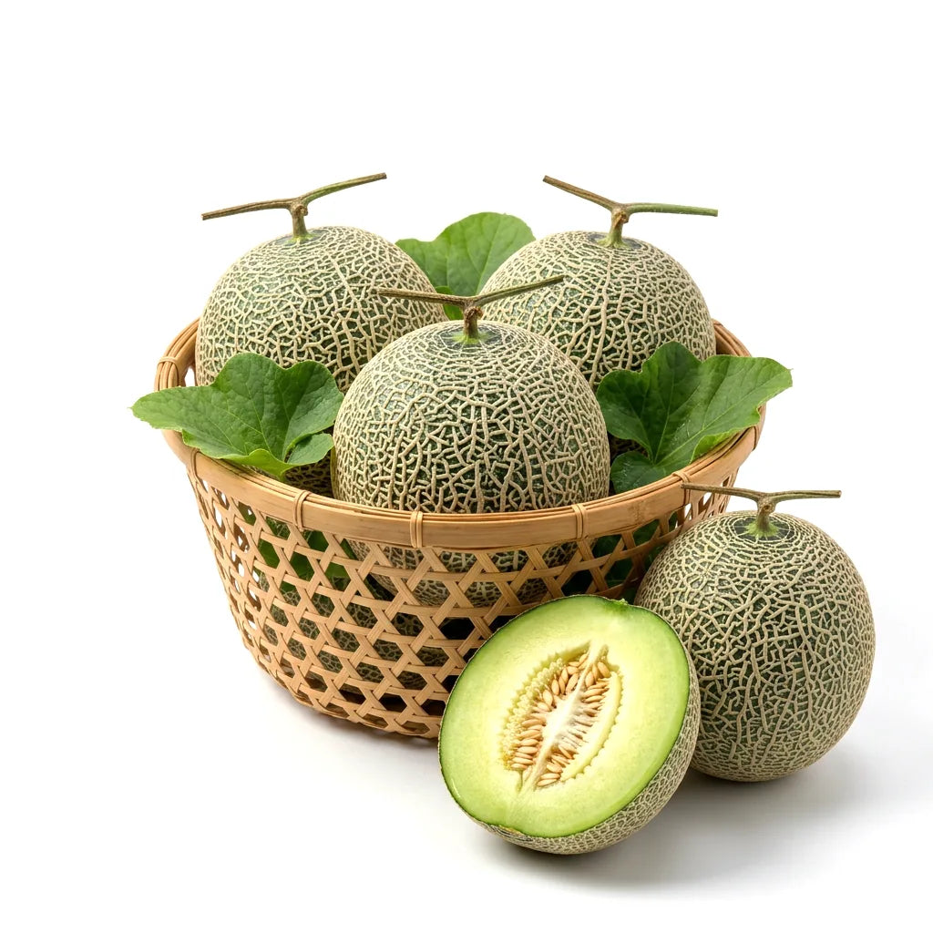 Fresh Chia Tai melons in a bamboo basket with one cut open showing pale green flesh and seeds