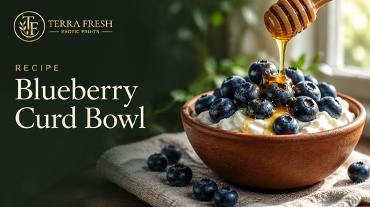 Blueberry curd bowl with honey dripping from a wooden dipper