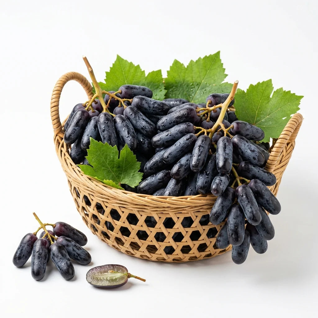 Fresh Black Moon grapes in a bamboo basket