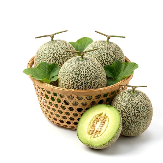 Fresh Chia Tai melons in a bamboo basket with one cut open showing pale green flesh and seeds
