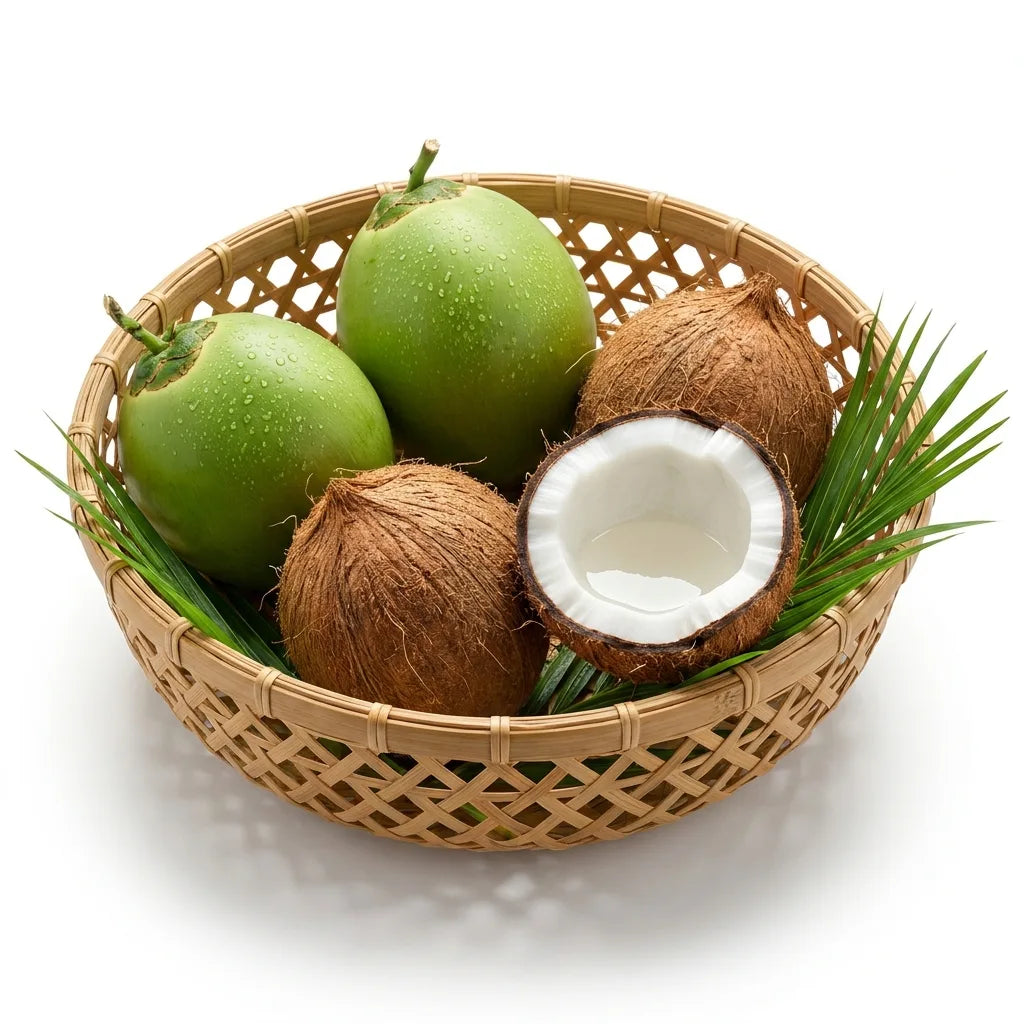 Fresh Indian coconuts in a bamboo basket, green young and mature brown husked, one cracked open showing white flesh